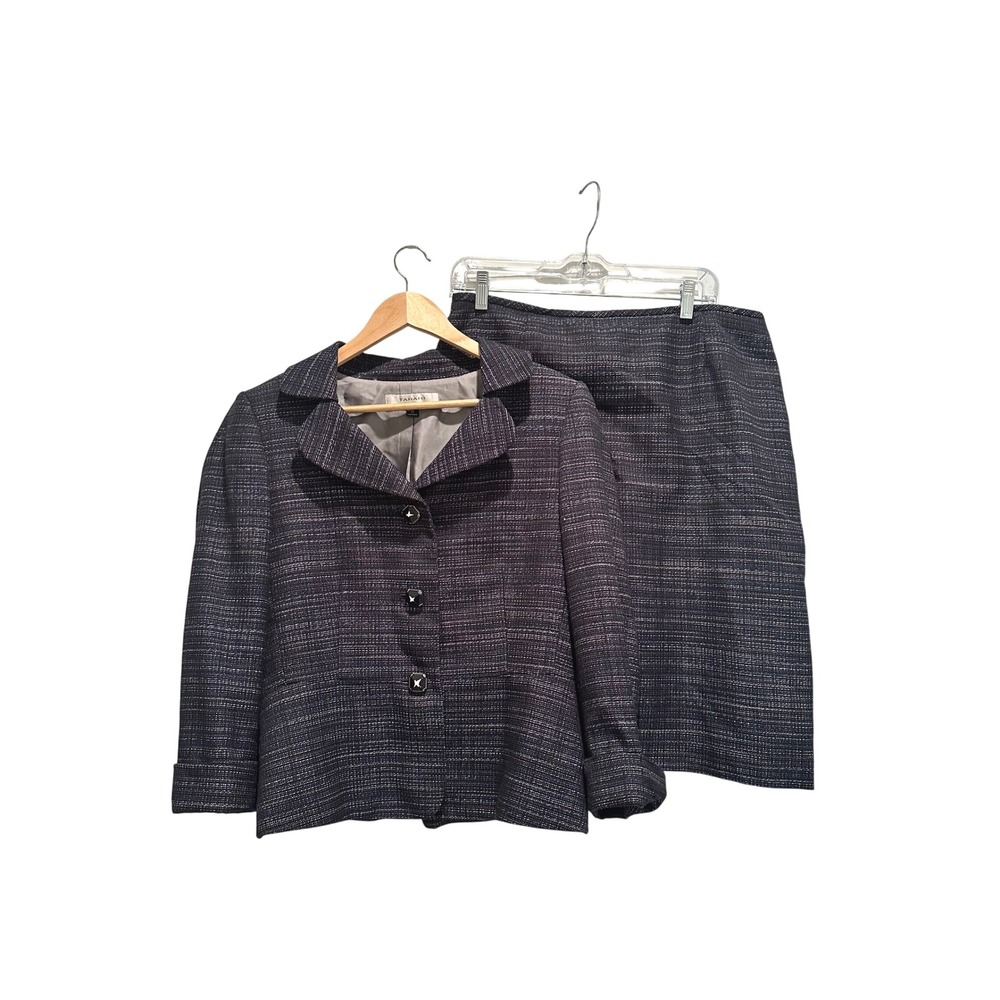 Tahari Navy Blue Tweed Skirt Suit Set Blazer Pencil Skirt Size 10 Business Work